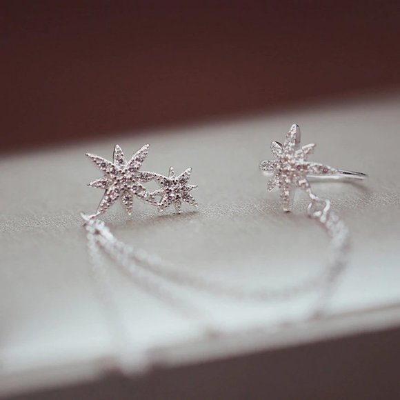 925 Sterling Silver Diamond Star Chain Earrings - Picture 7 of 8